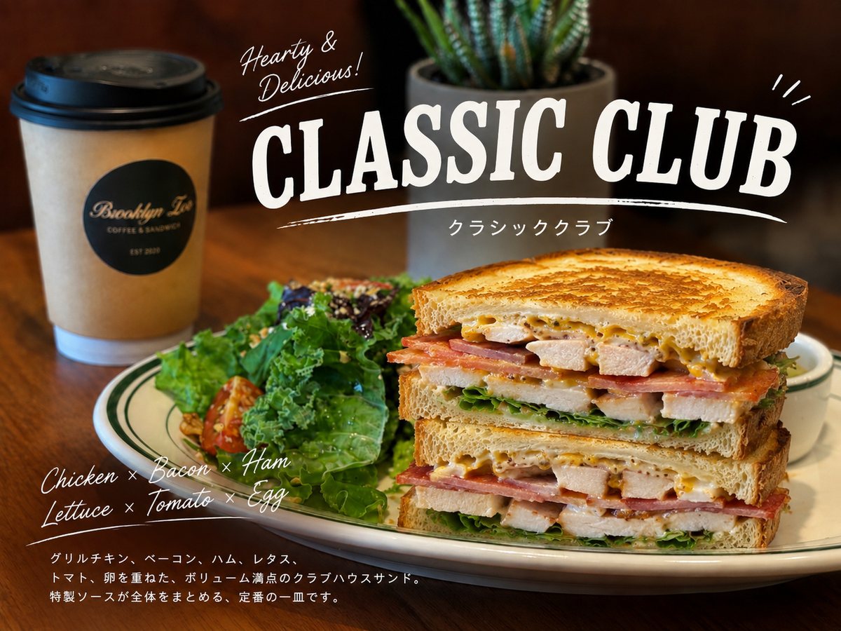 グリルチキン、ベーコン、ハム、レタス、トマト、卵を重ねたクラブハウスサンドとサラダ、ロゴ入りのテイクアウトカップ